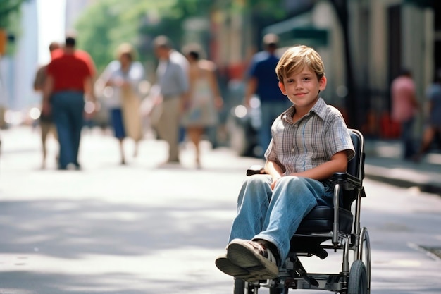 AI generated portrait of candid authentic joyful happy disabled child boy in wheelchair outdoor