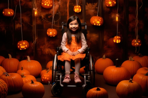 AI generated portrait of candid authentic joyful happy disabled child girl wheelchair outdoor fall