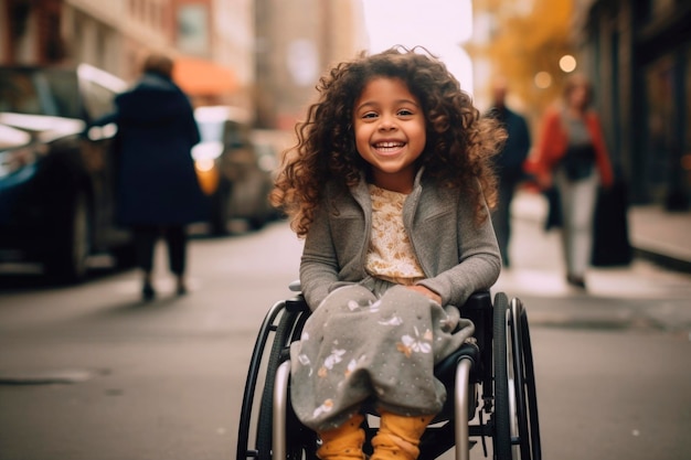 Foto ritratto generato dall'ai di una bambina disabile autentica, gioiosa, felice, in sedia a rotelle, caduta all'aperto