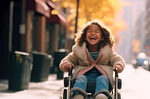 Ritratto generato dall'ai di una bambina disabile autentica, gioiosa, felice, in sedia a rotelle, caduta all'aperto