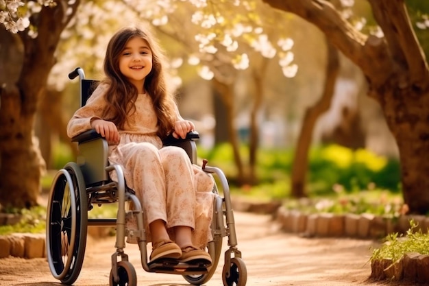 AI generated portrait of candid authentic joyful happy disabled child girl in wheelchair outdoor