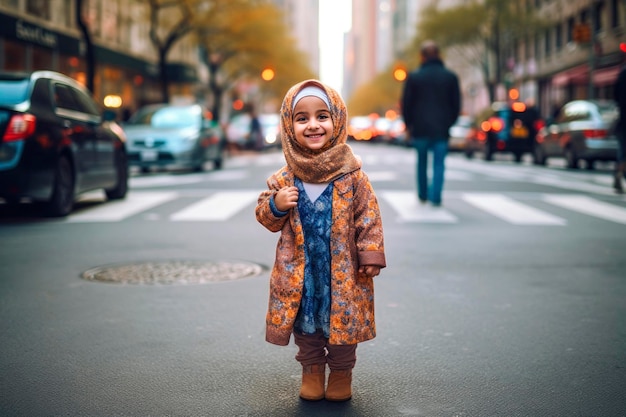 都市の通りの背景にAIが生成した、率直で本物の楽しい幸せなイスラム教徒の子供の女の子のポートレート