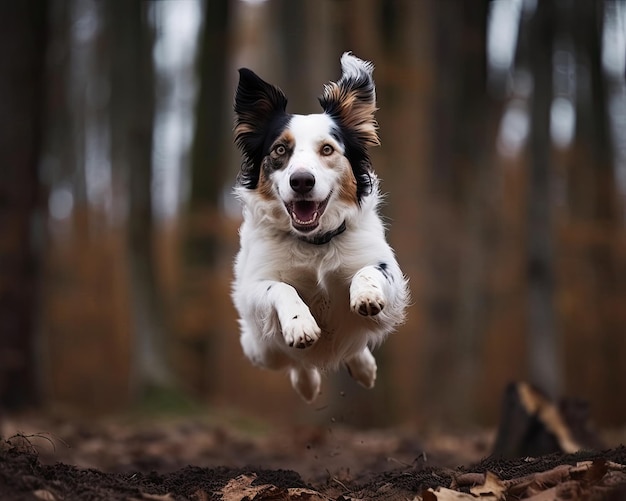 AI generated a portrait of a dog completely in the air during a jump in the middle of the forest