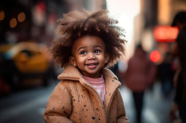 사진 ai는 도시 거리 배경에서 솔직하고 즐거운 아프리카계 미국인 소녀의 초상화를 생성했습니다.