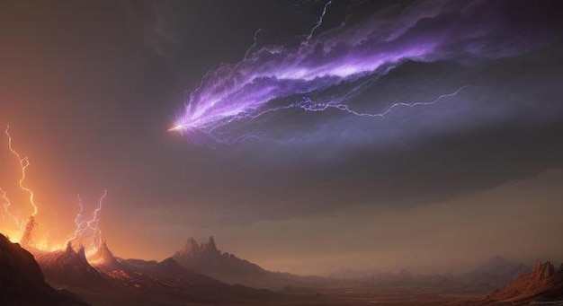 Photo ai generated purple lightning bolt in a fantasy deserted land