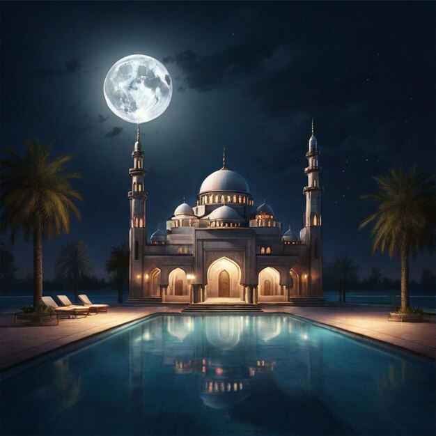 Photo ai generated a realistic illustration of a mosque in the lake at night with a full moon