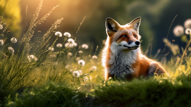 An AI generated red fox in a lush green field
