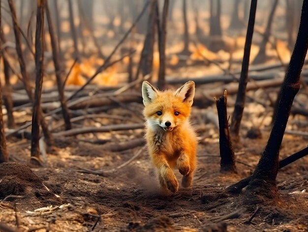 Foto una volpe rossa generata dall'ai che cammina attraverso una foresta in fiamme