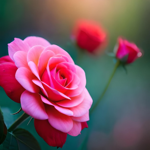 Ai 생성 빨간색 샘팅 블루와 핑크색 장미는 분홍색 배경이 있는 분홍색 배경에 있습니다.
