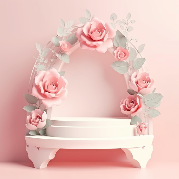 AI generated romantic podium with roses for product display in paper art style Generative AI