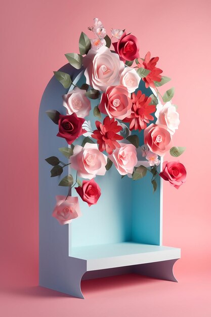 AI generated romantic podium with roses for product display in paper art style Generative AI