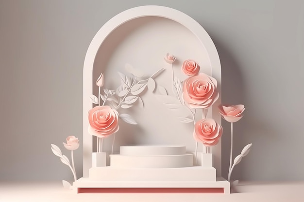 AI generated romantic podium with roses for product display in paper art style Generative AI