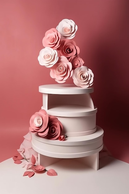 AI generated romantic podium with roses for product display in paper art style Generative AI