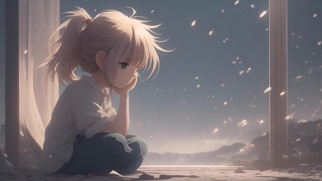 AI generated sad scene an anime girl sitting alone during winter