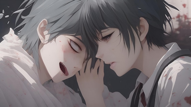 AI generated sad scene boy love anime gay couple where one is in a vegetative state