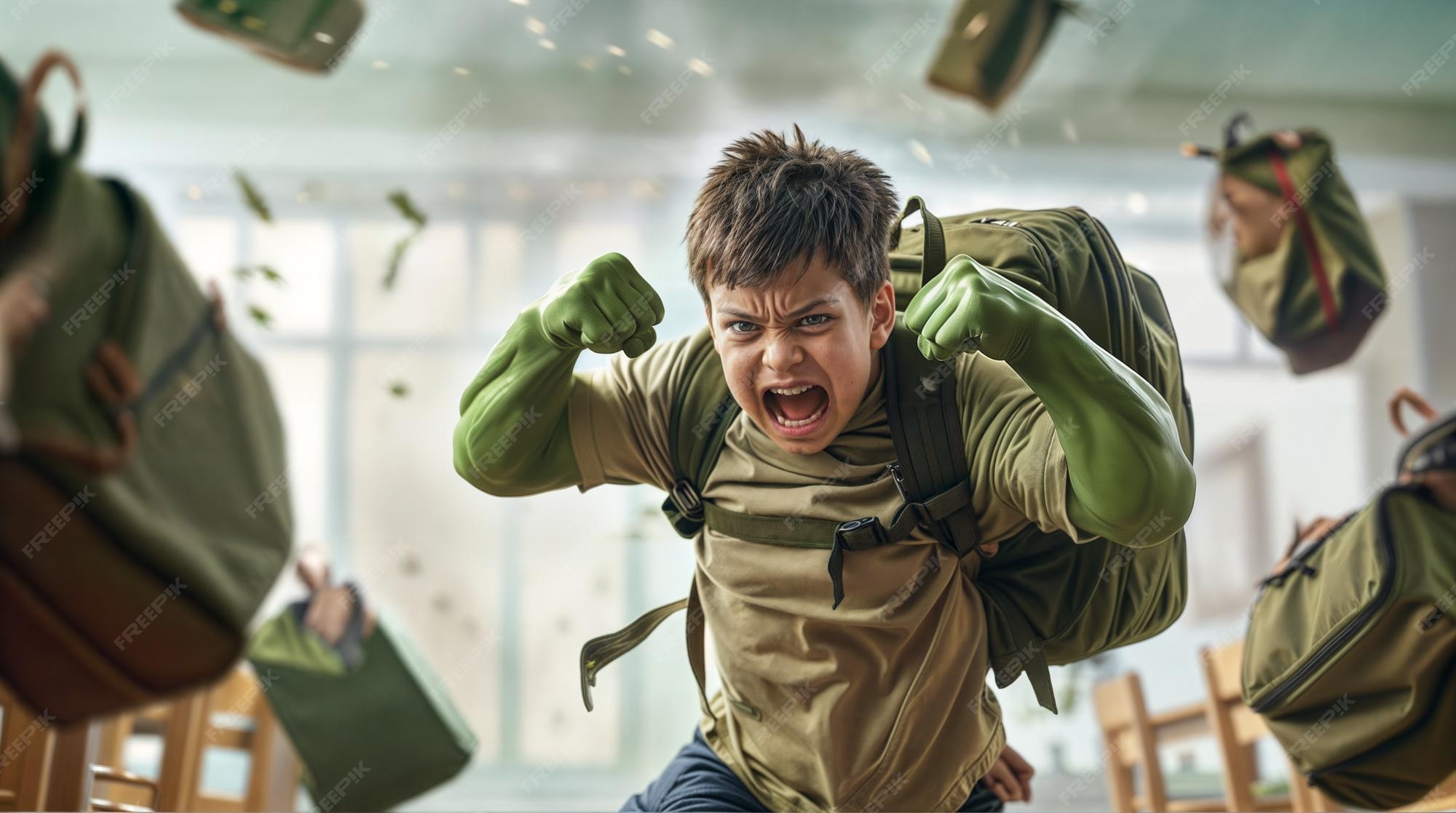 Ai generated school kid transforming into the hulk in a class room