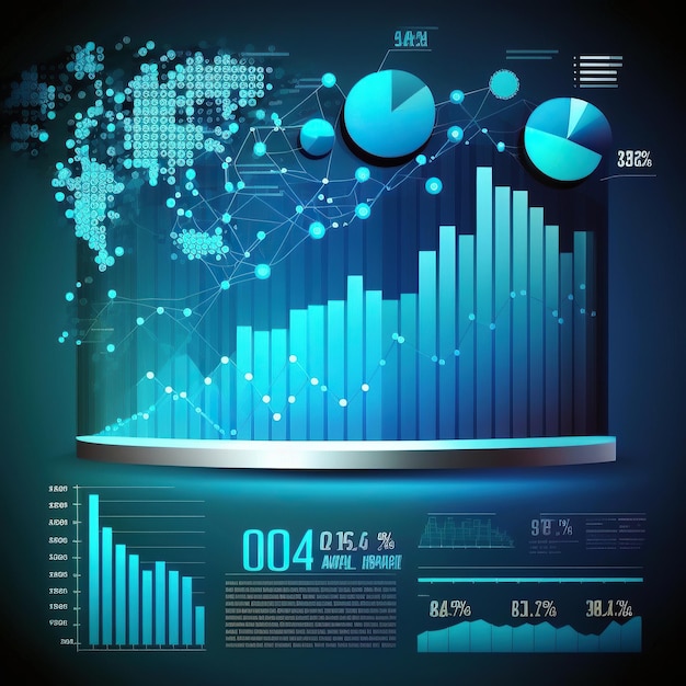 Ai generated screen displaying multiple financial reports and graphs and pie chart