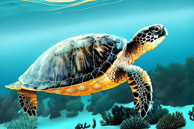 Сгенерированная ИИ морская черепаха плавает под водой в море