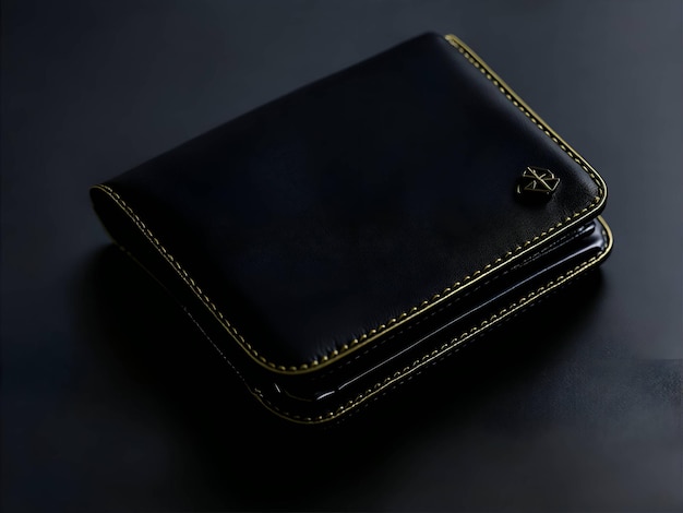 Photo ai generated small black leather wallet with gold trims on a dark surface