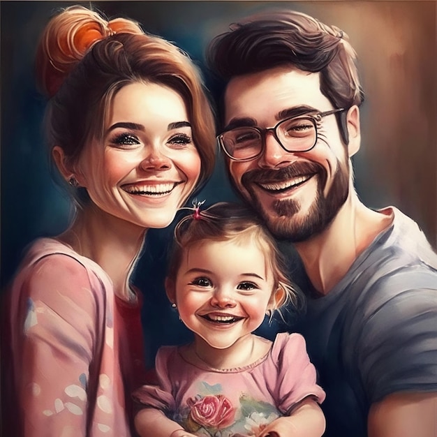 ai generated smiling parent with their happy children portrait painting illustration