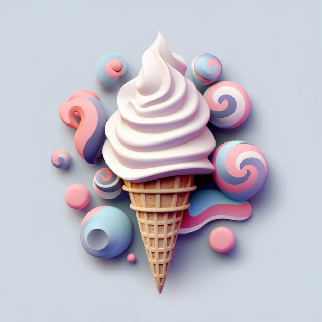 원뿔 모양의 AI 생성 나선형 아이스크림 분홍색 및 파란색 파스텔 색상 생성 AI