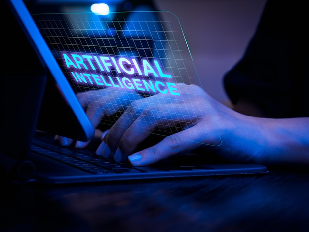 ai generated tools website futuristic technology text artificial intelligence on virtual screen while businessmans hand work with laptop computer smart digital platform service online network