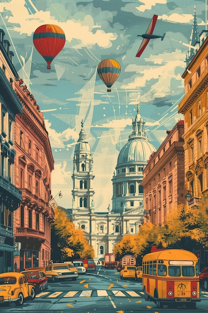 The AI Generated vector art captures a bustling city street leading to grand domed buildings with ho