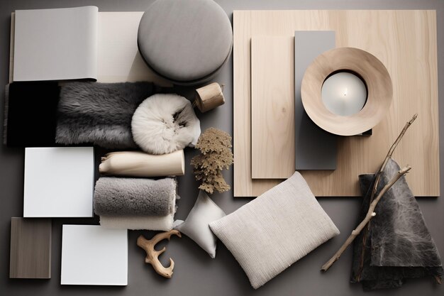 Foto elementi in legno generati dall'ai per il design d'interni con tavole di mood di abbigliamento e toni di colore grigio
