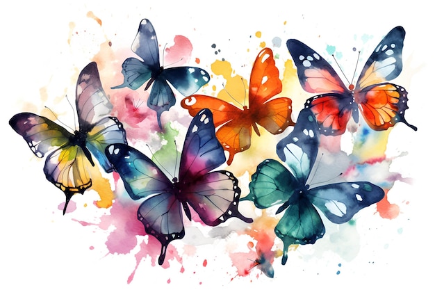 AI generated Watercolor butterflies moths with splashes of paint on a white background