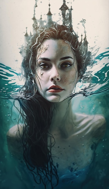 AI generated watercolor illustration of a portrait of a beautiful woman in the water