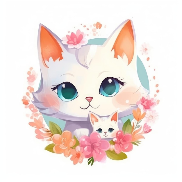 An AI generated watercolor vector illustration of a mother and baby cat Generative AI