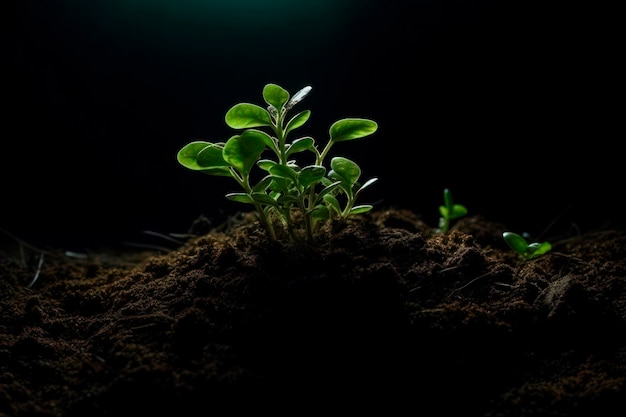 Photo ai generated young plant in dirt with sun on dark screen