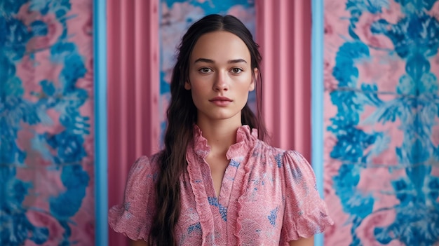 Photo ai generated young woman with long hair standing on vibrant blue and pink wallpaper