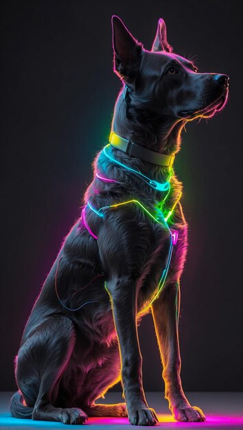 사진 인공지능은 몸에 다채로운 불빛을 가진 멋진 검은 개를 생성합니다.