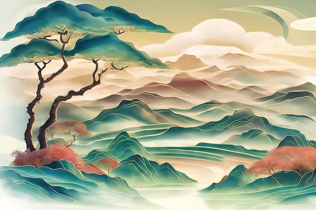 AI generates Chinese feng shui color ink landscape painting