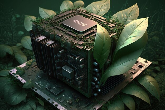 AI-generatie 3D-modellen van elektronische circuitcomponenten en groene planten