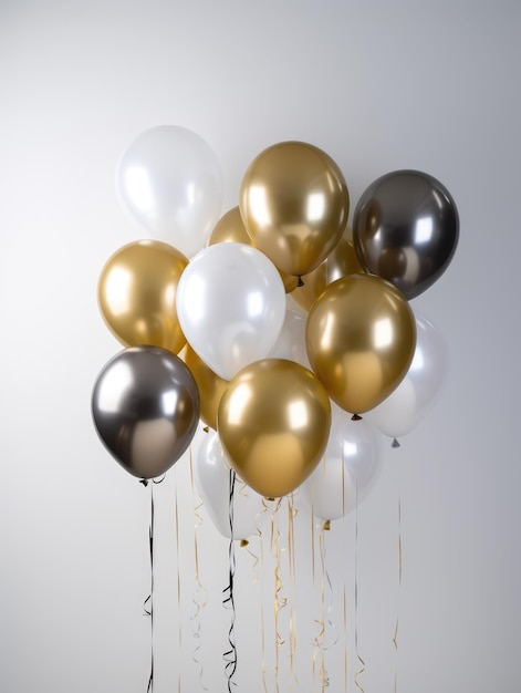 AI-generatie Witte zwarte gouden en zilveren ballonnen en confetti op witte achtergrond Vakantie en birt