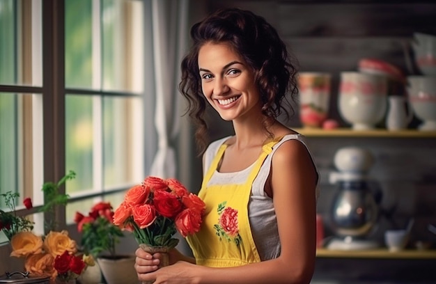 Ai generatief beeld Lachende huisvrouw in schort staande in de keuken