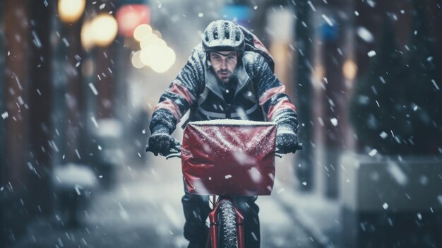 Ai-generatief beeld van een voedselbezorger die in de winter in de sneeuw op een fiets door een stadsstraat rijdt met een grote rugzak