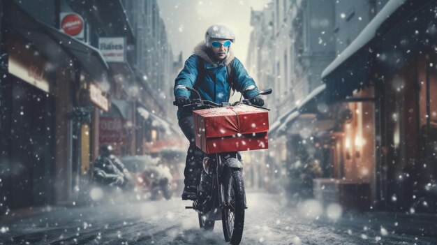 Ai-generatief beeld van een voedselbezorger die in de winter in de sneeuw op een fiets door een stadsstraat rijdt met een grote rugzak