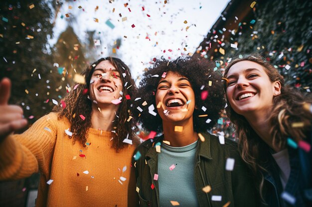 Ai generatief beeld Vrienden vieren buitenshuis met confetti