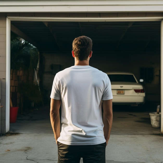 Foto ai generatief een man met een effen wit t-shirt op de garage, naar achteren gericht, perfect om te creëren