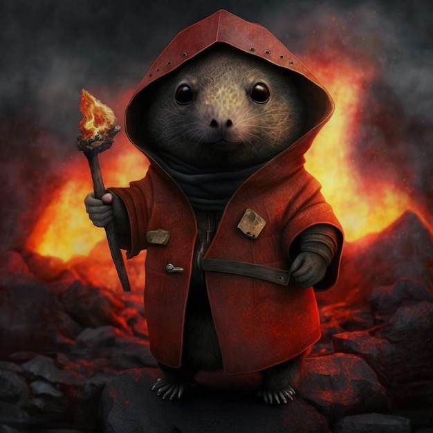 ai generatief Een schilderij van een muis die een rood gewaad draagt en een fakkel vasthoudt