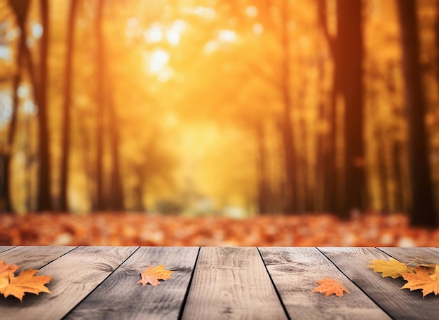 AI generatieve achtergrond van herfstbos en oude houten dektafel