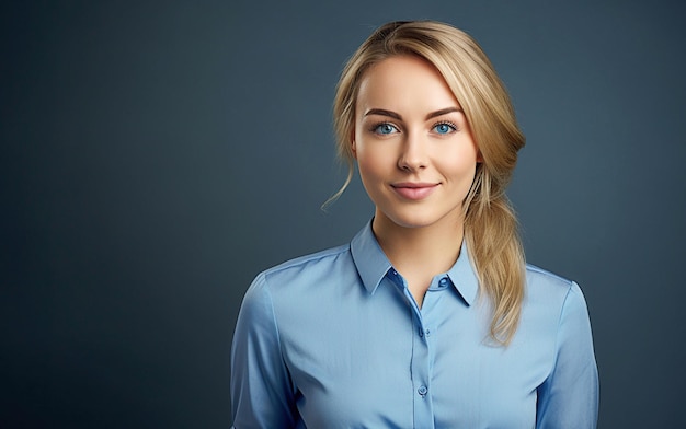 Ai generatieve afbeelding Portret van aantrekkelijke zakelijke vrouw met blond haar in blauwe blouse