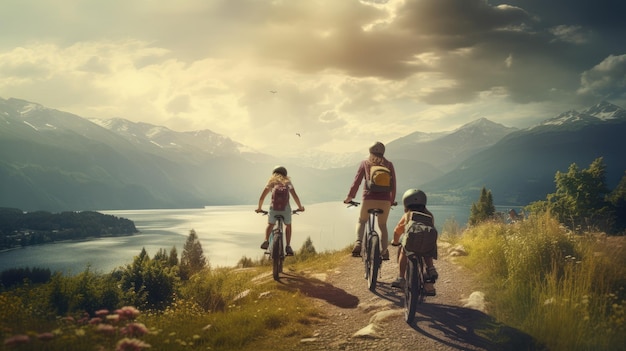 Ai generatieve afbeelding van familie moeder vader en kinderen op een fietstocht in een bergachtig gebied toeristen