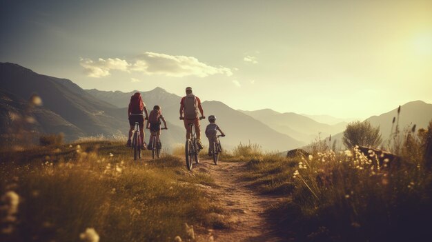 Ai generatieve afbeelding van familie moeder vader en kinderen op een fietstocht in een bergachtig gebied toeristen