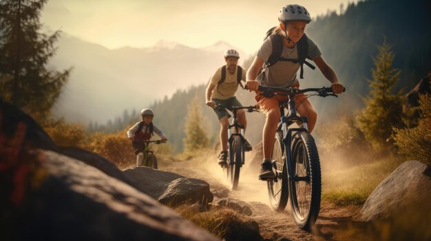 Ai generatieve afbeelding van familie moeder vader en kinderen op een fietstocht in een bergachtig gebied toeristen