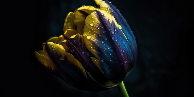 AI generatieve AI gegenereerd Blauwe en gele esthetiek mooie tulpenbloem in de kleur van Oekraïne Romantische liefdesvibe Grafische kunst