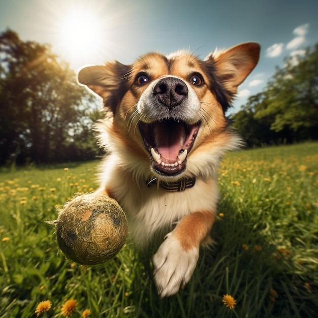 AI generatieve foto van hoge kwaliteit van een gelukkige hond die met een bal op het gras speelt
